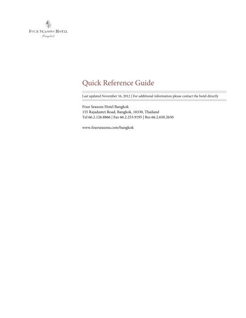 Quick Reference Guide - Four Seasons Hotels and Resort