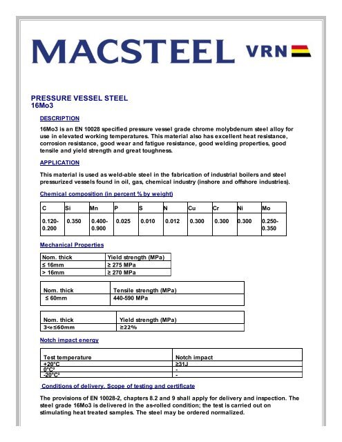 PRESSURE VESSEL STEEL 16Mo3 - Macsteel