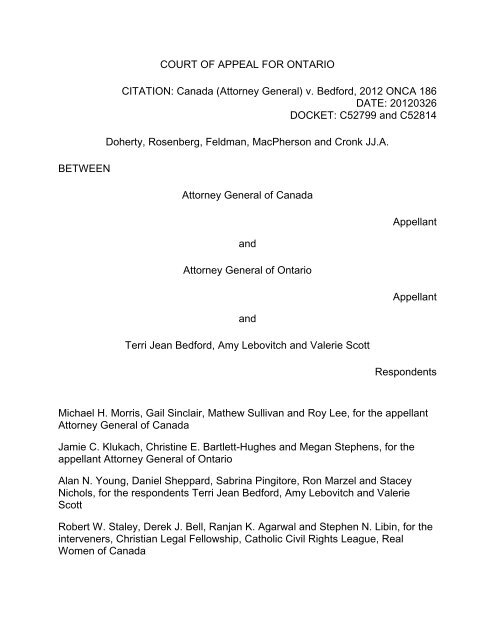 Canada (Attorney General) v. Bedford, 2012 ONCA ... - York University