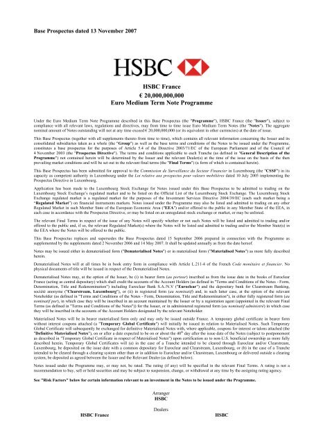 HSBC France â‚¬ 20,000,000,000 Euro Medium Term Note Programme