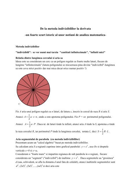 De la metoda indivizibililor la derivata -un foarte scurt istoric ... - SSMR