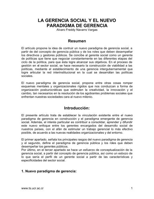 LA GERENCIA SOCIAL Y EL NUEVO PARADIGMA DE ... - Ts.ucr.ac.cr