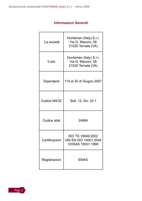 Dichiarazione Ambientale - Anno 2006 Huntsman (Italy) Ternate