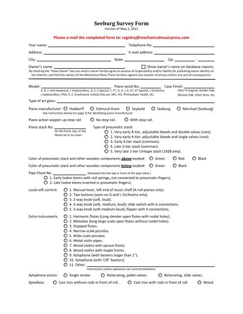 Seeburg Survey Form - Mechanical Music Press