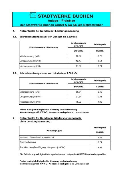 LRV_SWB Anlage 1 Preisblatt Stand 01012007 - Stadtwerke ...