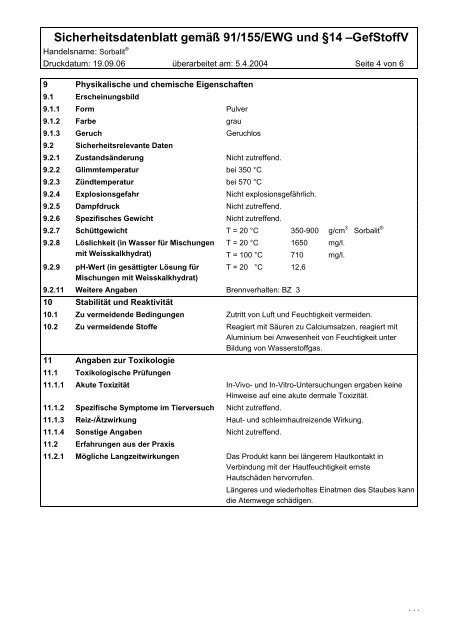 Sicherheitsdatenblatt gemÃ¤Ã 91/155/EWG und Â§14 âGefStoffV