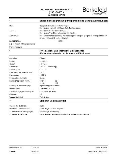 Sicherheitsdatenblatt gemÃ¤Ã 91/155/EWG und Â§14 âGefStoffV