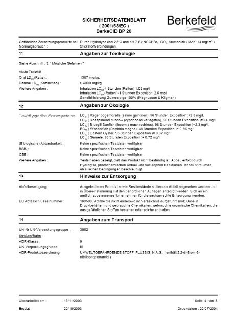 Sicherheitsdatenblatt gemÃ¤Ã 91/155/EWG und Â§14 âGefStoffV