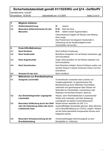 Sicherheitsdatenblatt gemÃ¤Ã 91/155/EWG und Â§14 âGefStoffV