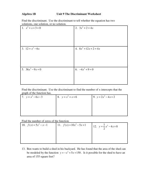 Unit 9 The Discriminant Worksheet _11-12 - Mona Shores Blogs