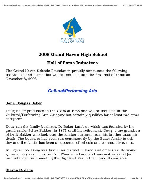 2008 Grand Haven High School Hall of Fame Inductees ... - MLive.com