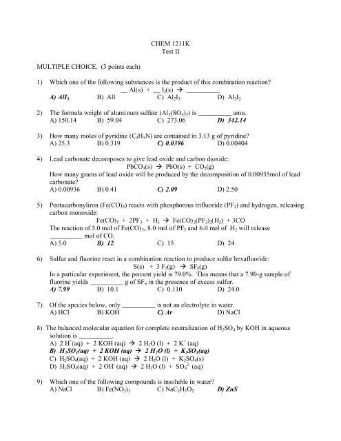 Chem 1211k Test Ii Multiple Choice 3 Points Each 1 Which
