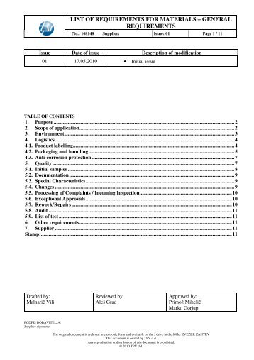 LIST OF REQUIREMENTS FOR MATERIALS â GENERAL ... - TPV