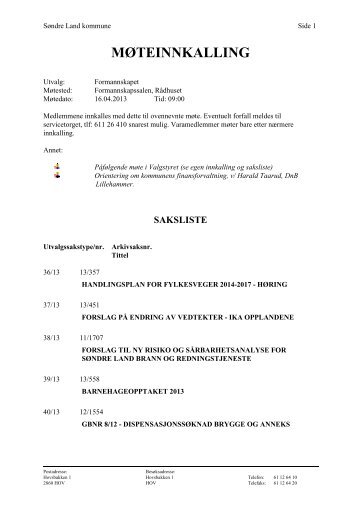 MÃ¸teinnkalling og saksliste - SÃ¸ndre Land kommune
