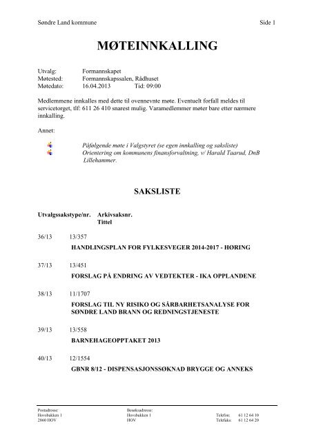 MÃ¸teinnkalling og saksliste - SÃ¸ndre Land kommune