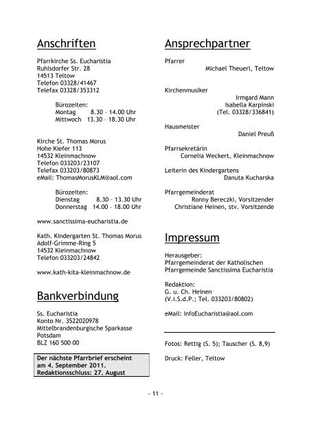 Pfarrbrief Sommer 2011 - Katholische Pfarrgemeinde Sanctissima ...