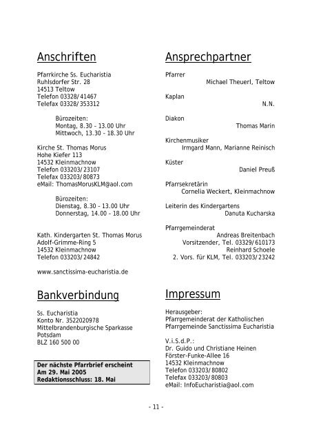 Pfarrbrief Katholische Gemeinde Ss. Eucharistia Kleinmachnow