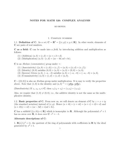 NOTES FOR MATH 520: COMPLEX ANALYSIS 1.  Complex ...