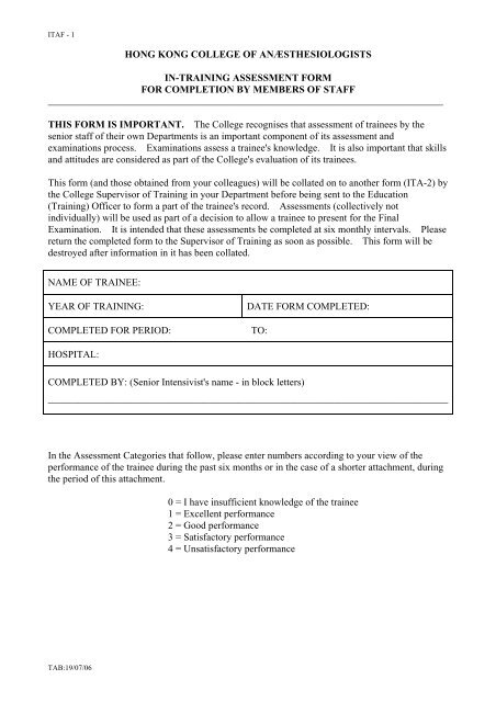 In-training Assessment Form for Completion by members of staff
