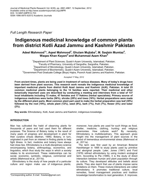 Indigenous medicinal knowledge of common plants from district Kotli ...