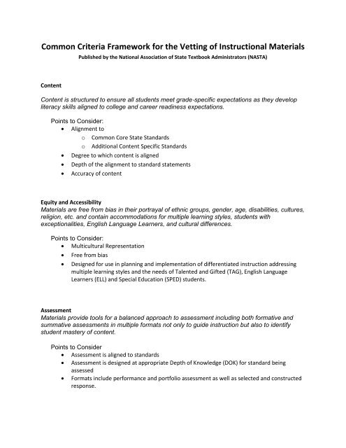 Common Criteria for Vetting Instructional Materials - simra