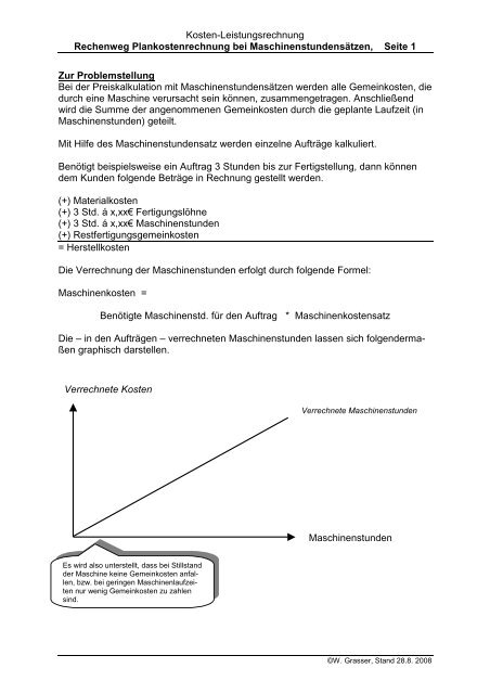 Rechenweg, Plankostenrechnung mit Maschinenstundensätze