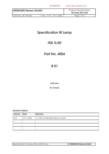 Specification IR Lamp HSL 5/60 Part No. 4004 R 01