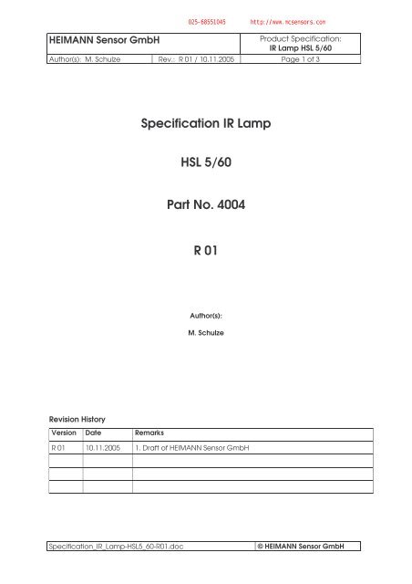 Specification IR Lamp HSL 5/60 Part No. 4004 R 01