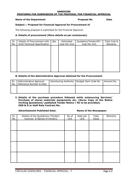 Proforma for Submission of The Proposal For Financial Approval