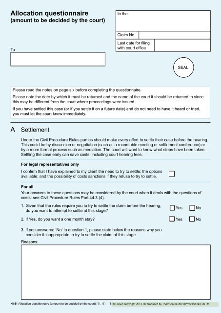 Allocation questionnaire - Civil Procedure | Westlaw UK
