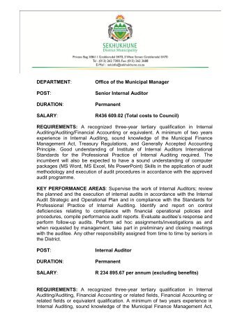 Office of the Municipal Manager POST: Senior Internal Auditor ...