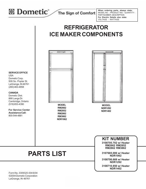 11-16-04 Ice Maker Kits 3108705.702, 3107665.006, 3108706.668 ...