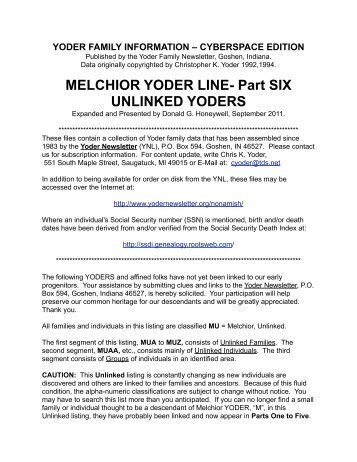 MELCHIOR YODER LINE- Part SIX UNLINKED YODERS