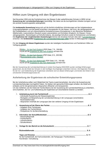 Hilfen zum Umgang mit den Ergebnissen - Standardsicherung NRW