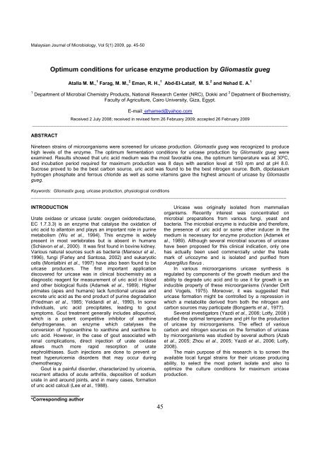 45 Optimum conditions for uricase enzyme production by Gliomastix ...