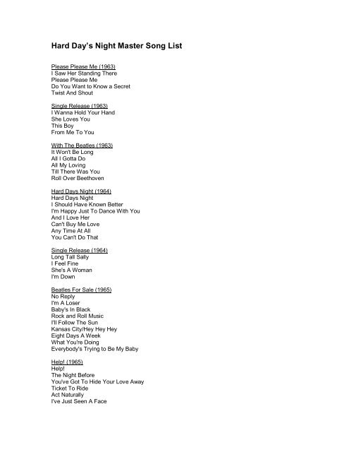 Hard Day S Night Master Songlist Pdf