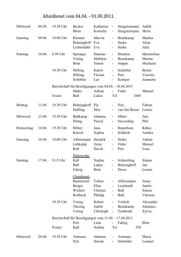 Altardienst vom 04.04. - 01.05.2011.