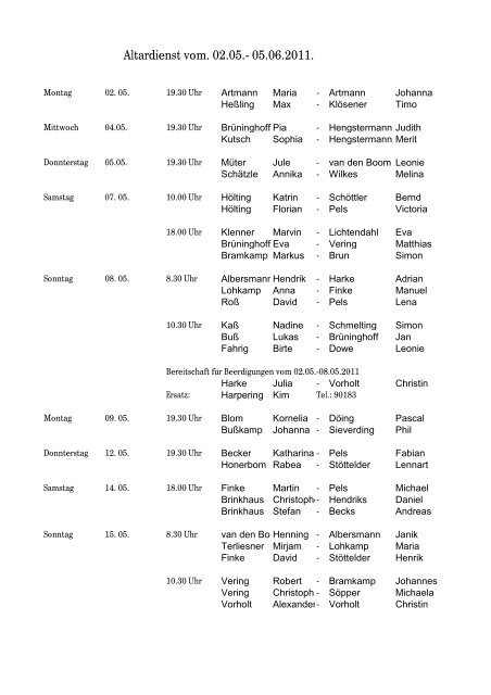 Altardienst vom. 02.05.- 05.06.2011.