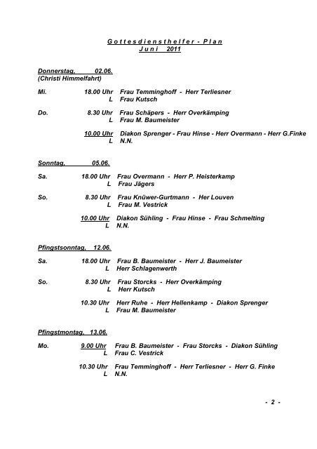 G ottesdiensthelfer - P lan J uni 2011 Donnerstag, 02.06.