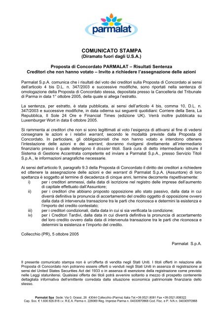 05/10/2005 Proposta di Concordato Parmalat