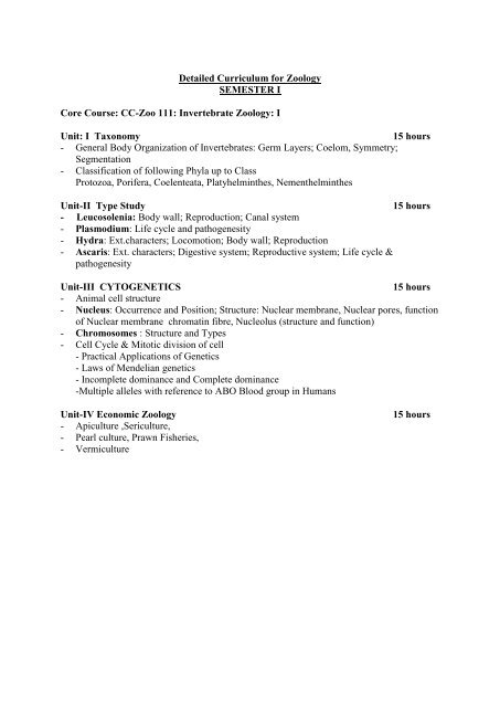 Detailed Curriculum for Zoology SEMESTER I Core Course: CC-Zoo ...