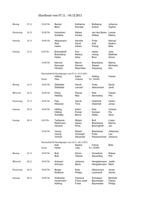 Altardienst vom 07.11. - 04.12.2011