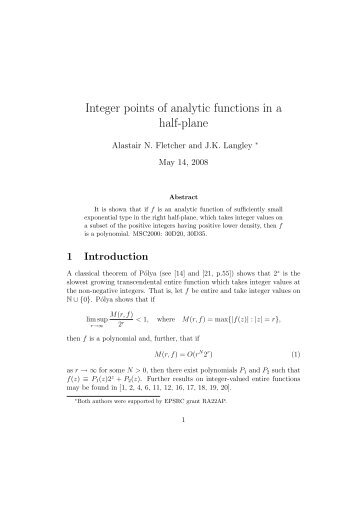 Integer points of analytic functions in a half-plane - Department of ...