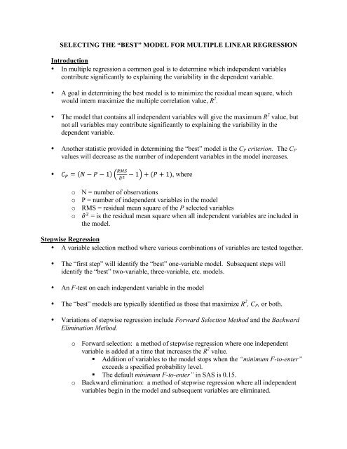 “BEST” MODEL FOR MULTIPLE LINEAR REGRESSION ...