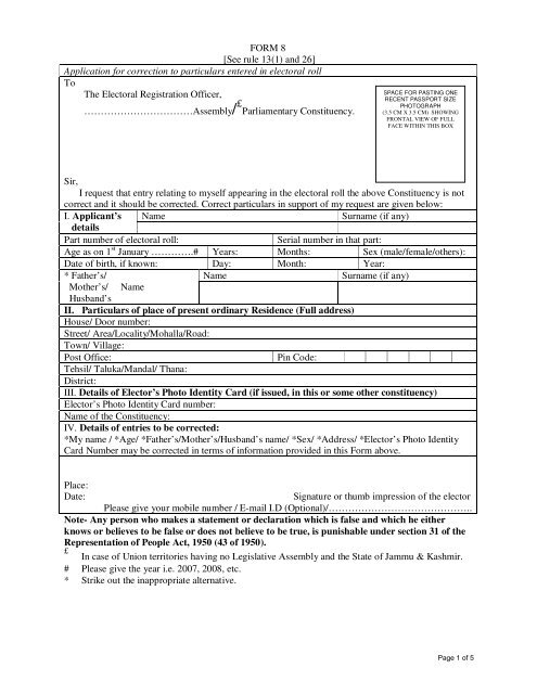 FORM 8 [See rule 13(1) and 26] Application for correction to ...