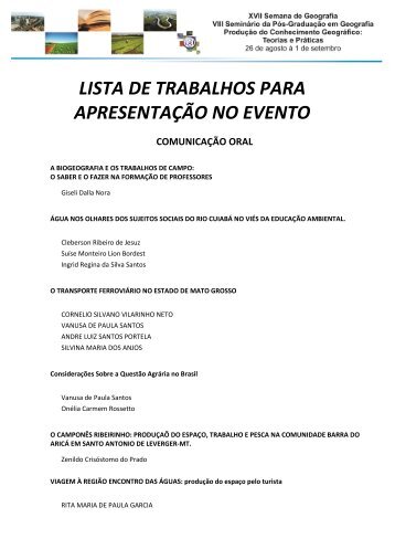 Lista de Trabalho aceitos - Departamento de Geografia - UFMT