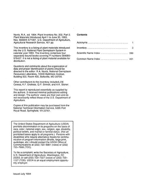 Plant Inventory No. 202, Part II, - The Germplasm Resources ...