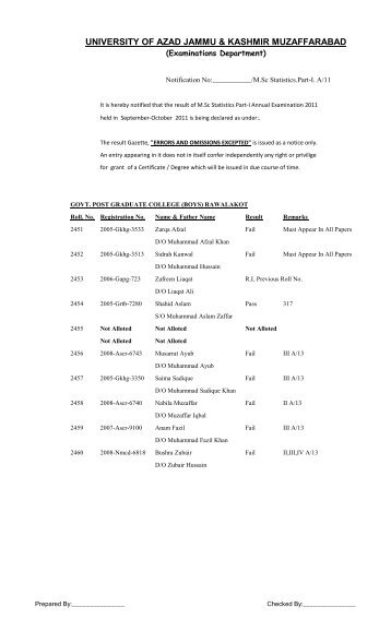 M.Sc Statistics.Part-I. A/11 - University of Azad Jammu & Kashmir