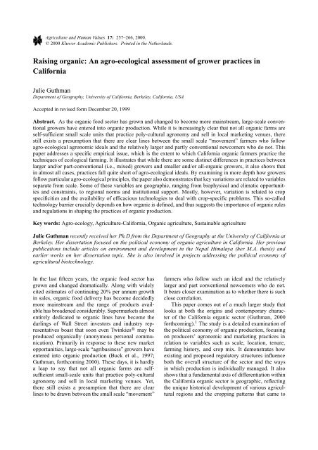 An agro-ecological assessment of grower practices in California