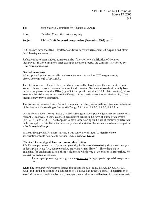 5JSC/RDA/Part I/CCC response March 17, 2006 p. 1 - Joint Steering ...
